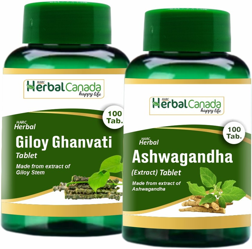 Herbal Canada Giloy Ghanvati (100 Tablets) + Ashwagandha (100 Tablets) | Healthy Combo Pack(Pack of 2, 200 Tablets)