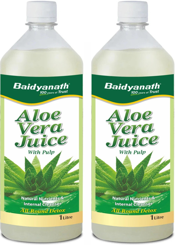 Baidyanath 99.6% Pure Aloe Vera Juice (with Pulp)- No Added Sugar | Source of Natural Nutrients, Boosts Immunity & Digestion, Rejuvenates Skin and Hair | For Complete All-Around Detox | Pack of 2(Pack of 2, 1 L)