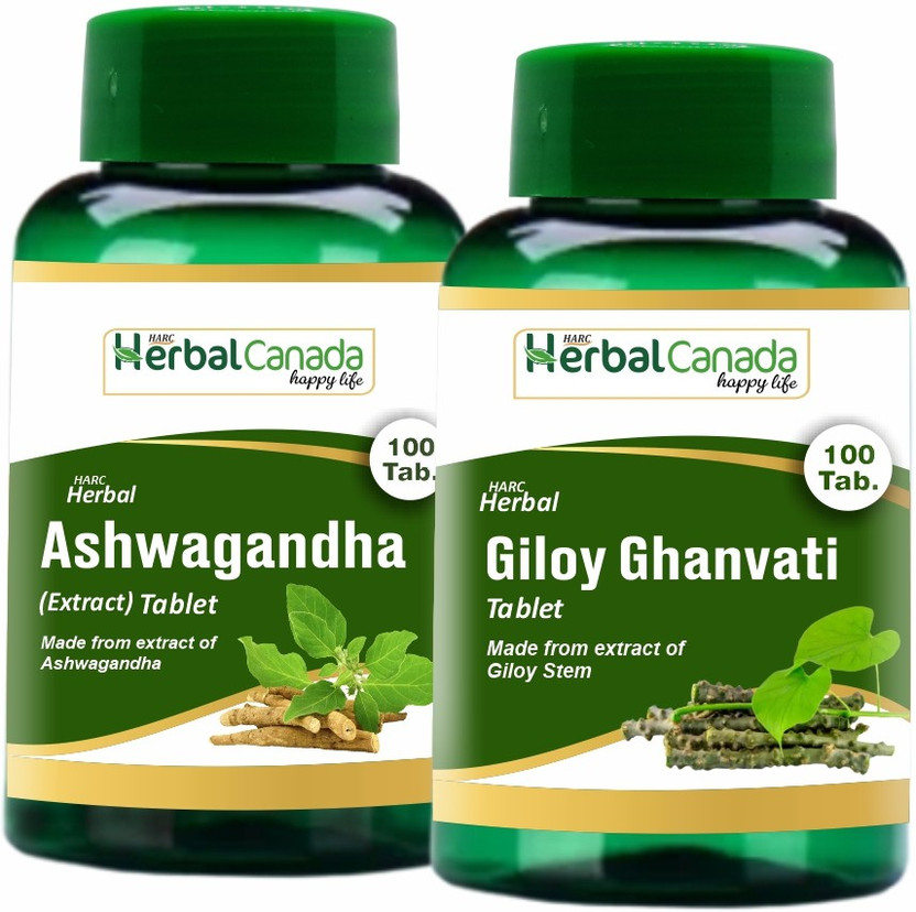 Herbal Canada Ashwagandha (100 Tablets) + Giloy Ghan vati (100 Tablets) | Healthy Combo Pack(200 Tablets)