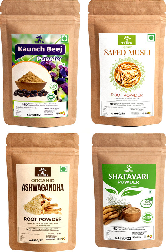 Trivang Ashwagandha, Safed White Musli, Kaunch Seed, Shatavari Powder (4 x 200 g) Combo(Pack of 4, 800 g)