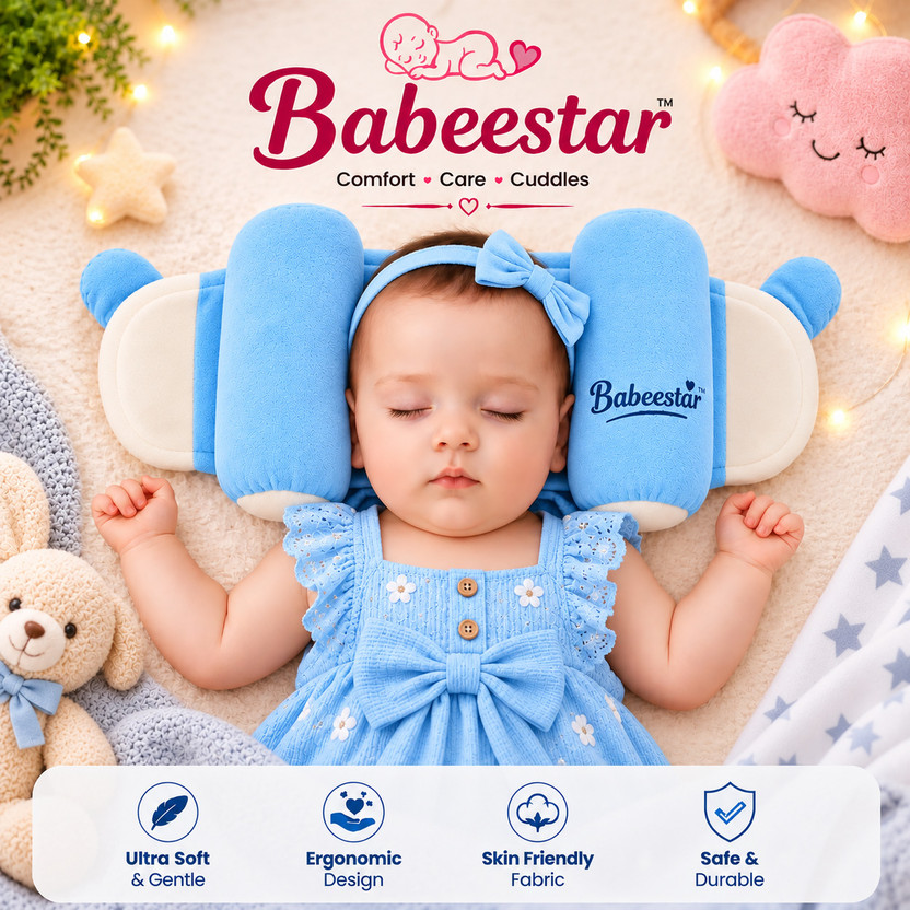 Babeestar Soft Baby Pillow for Newborn | Adjustable Slide Neck Support Cushion for Babies Anti-Roll Pillow,U-Shaped / Indented Pillow Mini, and Convertible crib designs(Fabric, Sky Blue)