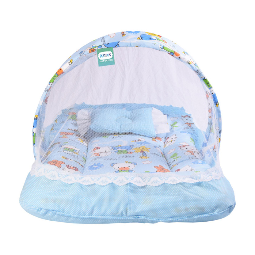 Funtus Cotton Baby Bed Sized Bedding Set(Blue, 1 Mosquito Net Bed, 1 Cushioned Pillow)