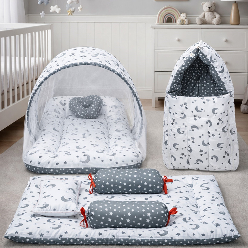 Fareto Combo of Baby Bed with Net | Carry Bag | 4 Pcs Bedding Set(0-6 Months standard crib(Fabric, Multicolor)