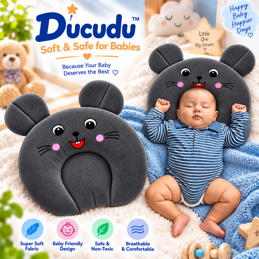 Ducudu Rai Pillow Velvet, Baby Head Shaping Takiya Soft Pillow Infant Anti-Roll Pillow,U-Shaped / Indented Pillow Mini, and Convertible crib designs(Fabric, Grey)