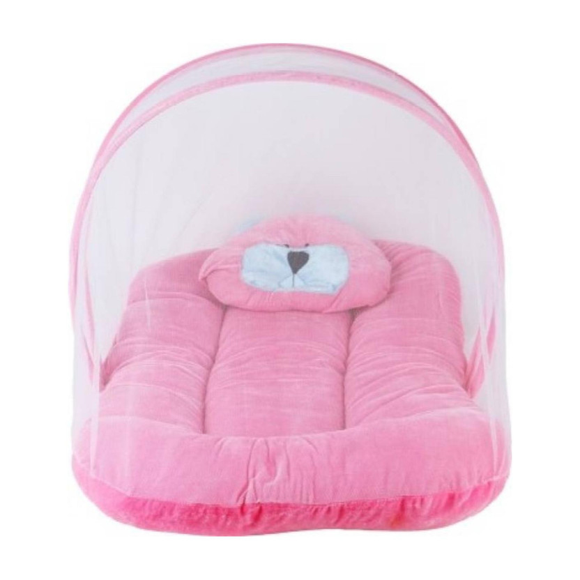 Mummamia Kids Soft Velvet Fibre Filled Gaddi With Moswuito Net & Teddy Pillow Foldable Baby Bed Foldable(Fabric, Pink)