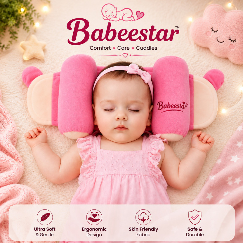 Babeestar Soft Baby Pillow for Newborn | Adjustable Slide Neck Support Cushion for Babies Anti-Roll Pillow,U-Shaped / Indented Pillow Mini, and Convertible crib designs(Fabric, Light Pink)