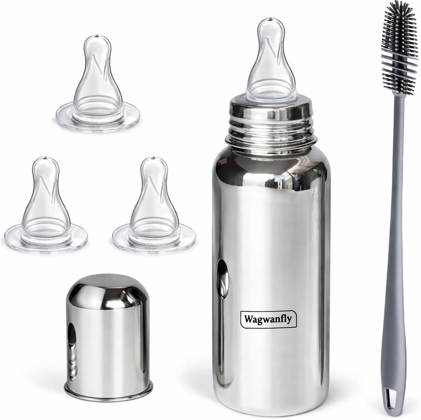 Wagwanfly Steel Baby Feeding Bottle with Cleaning Brushes 1 Nipple Free - 240 ml(Silver)