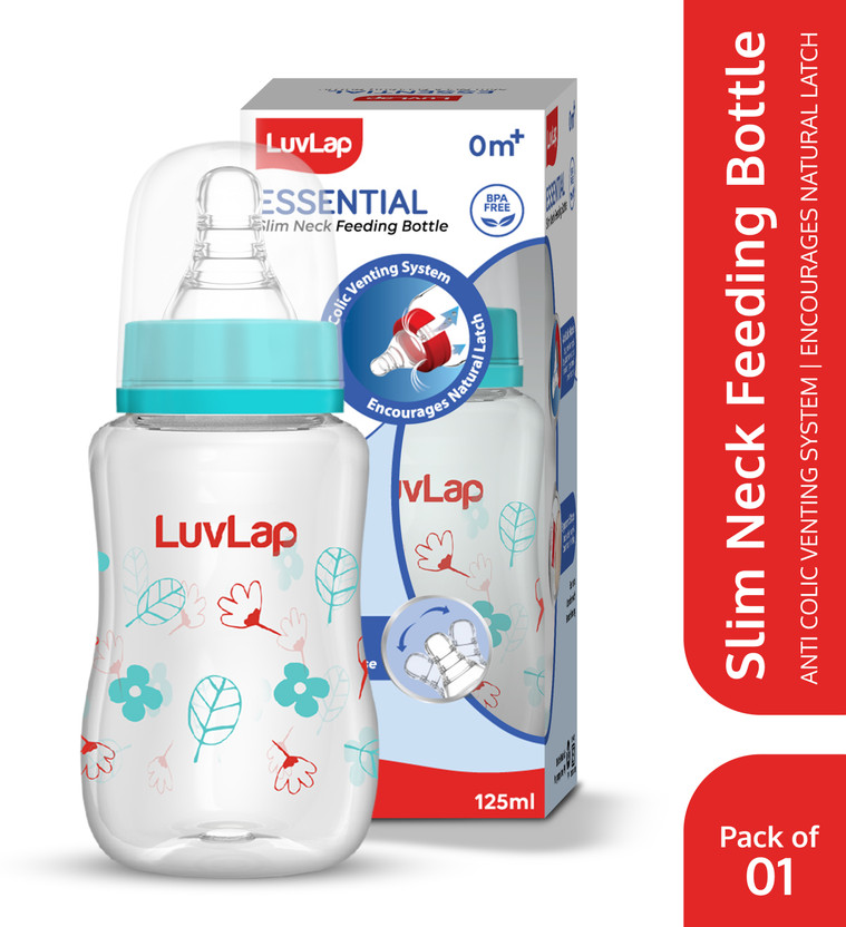 LuvLap Anti-Colic Slim Neck Essential Baby Feeding Bottle, Wild Flower Design, BPA Free - 125 ml(Green)