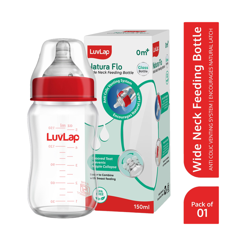 LuvLap LuvLap Natural Flow Wide Neck Glass Feeding Bottle, Suitable for Newborns Pack of 1 - 150 ml(Red) - Flipkart Deal