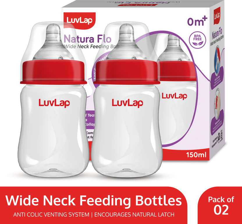 LuvLap Anti-Colic Wide Neck Natural Flow Baby Feeding Bottle, BPA Free Plastic - 150 ml(Red)