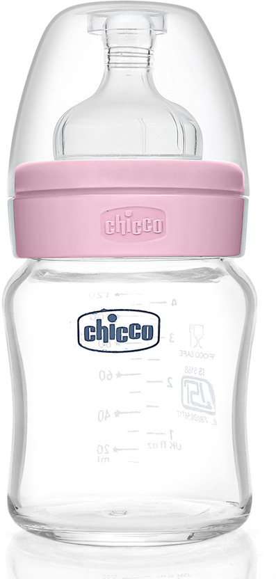 Chicco Well-Being Glass Feeding Bottle (120ml, Slow Flow) (Pink) - 120 ml(Pink)