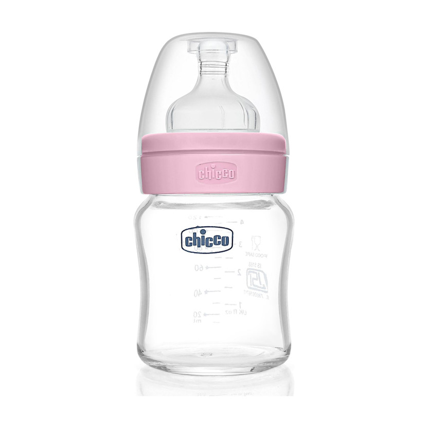 Chicco Well-Being Glass Feeding Bottle (120ml, Slow Flow) (Pink) - 120 ml(Pink)