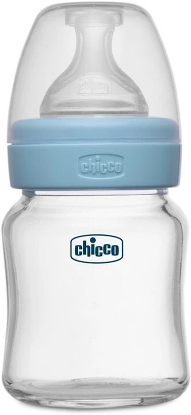 Chicco Well-Being Glass Feeding Bottle (120ml, Slow Flow) (Blue) - 120 ml(Blue)