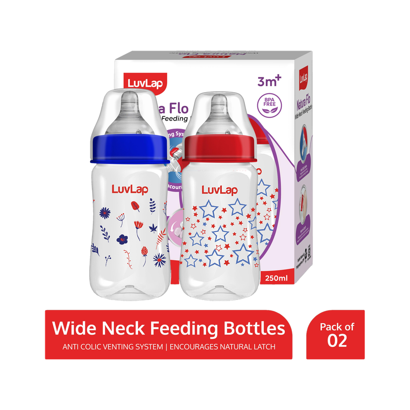 LuvLap Anti-Colic Wide Neck Natural Flow Baby Feeding Bottle, Floral BPA Free Pack of 2 - 250 ml(Red, Blue)