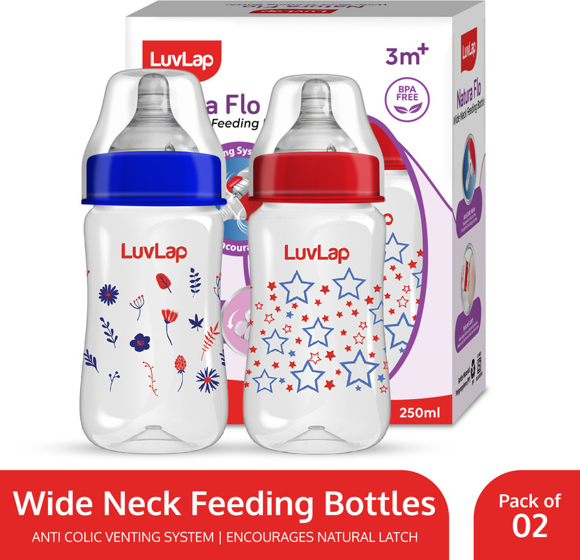 LuvLap Anti-Colic Wide Neck Natural Flow Baby Feeding Bottle, Floral BPA Free Pack of 2 - 250 ml(Red, Blue)
