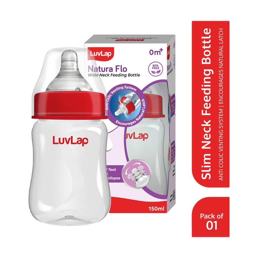 LuvLap Anti-Colic Wide Neck Natural Flow Baby Feeding Bottle, BPA Free Pack of 1 - 150 ml(Red)