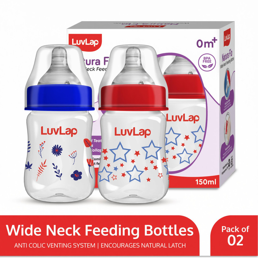 LuvLap Anti-Colic Wide Neck Natural Flow Baby Feeding Bottle, Floral BPA Free Pack of 2 - 150 ml(Red, Blue)