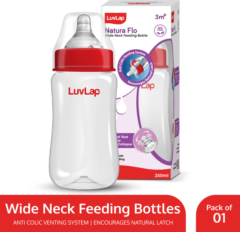 LuvLap Anti-Colic Wide Neck Natural Flow Baby Feeding Bottle, BPA Free Pack of 1 - 250 ml(Red)
