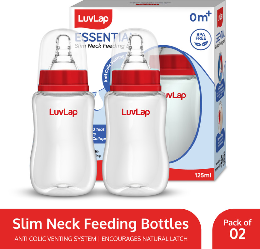 LuvLap Anti-Colic Slim/Regular Neck Essential Baby Feeding Bottle, BPA Free Pack of 2 - 125 ml(Red)