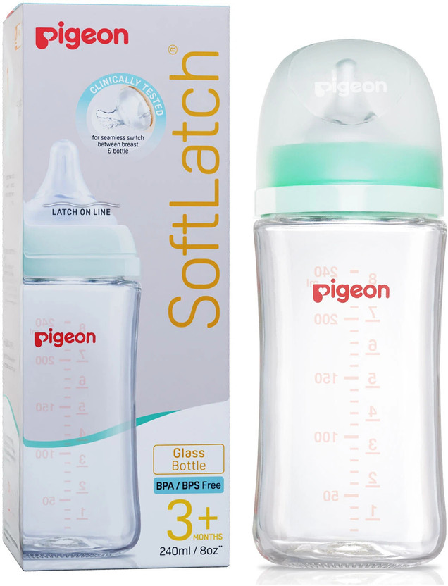 Pigeon Wide Neck 3 Glass baby feeding bottle with nipple� - 240 ml(Green)