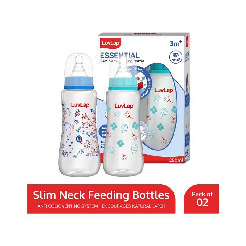 LuvLap Anti-Colic Slim Neck Essential Baby Feeding Bottle, Jungle Tales Pack of 2 - 250 ml(Blue, Green)