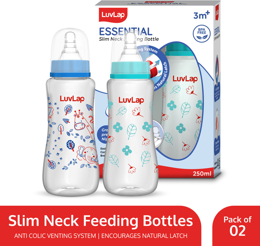 LuvLap Anti-Colic Slim Neck Essential Baby Feeding Bottle, Jungle Tales Pack of 2 - 250 ml(Blue, Green)