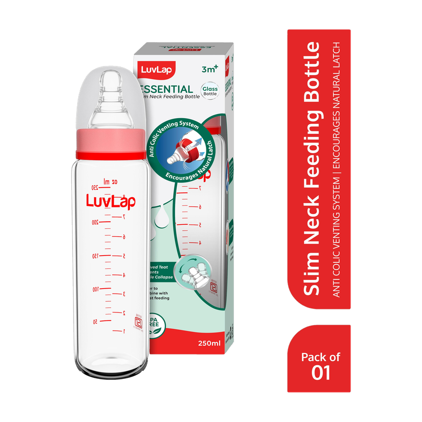 LuvLap Essential Slim Neck Glass Feeding Bottle, Suitable for 3M+ Babies Pack of 1 - 250 ml(Red)