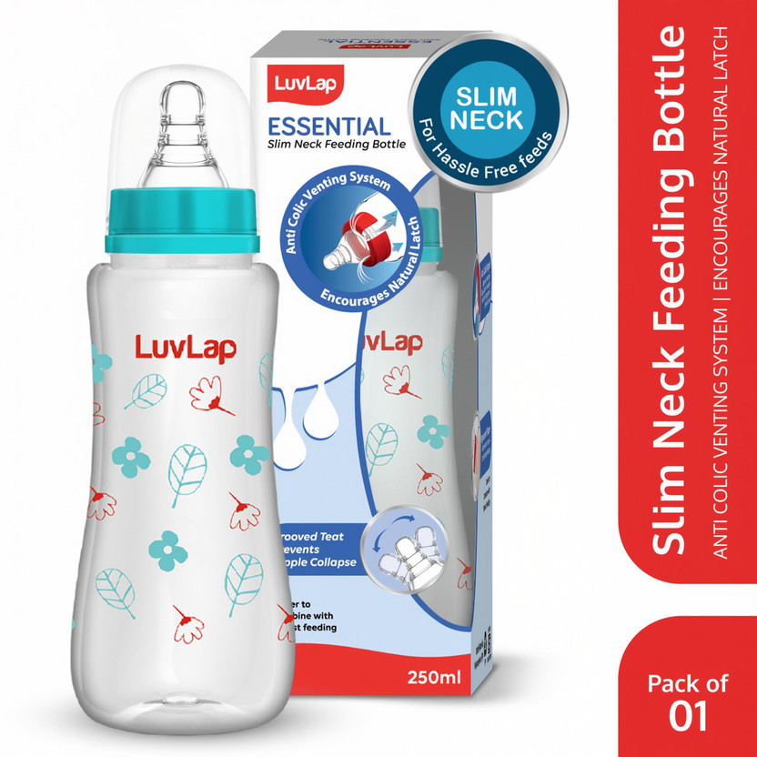 LuvLap Anti-Colic Slim Neck Essential Baby Feeding Bottle, Wild Flower Design - 250 ml(Green)