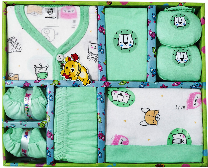 Winwega Newborn Baby 0 to 3 Month Gift Set 6 Pic Breathable Cotton Fabric(Green, White)