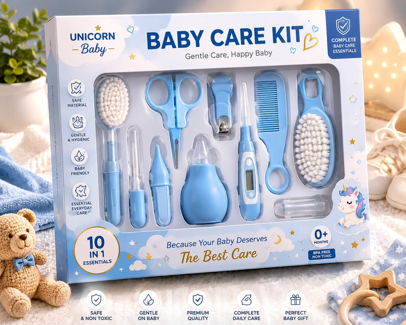 Y.GOYAL&CO. Premium 10-in-1 Baby Care Grooming Kit – Brush, Nail Cutter, Thermometer & More(Blue, Pink)