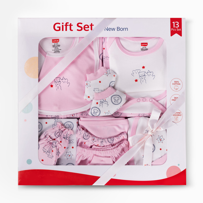 LuvLap Newborn Baby Gift Set of 13,Soft Skin Friendly Baby Clothes Set 0-3 Months,(Pink)