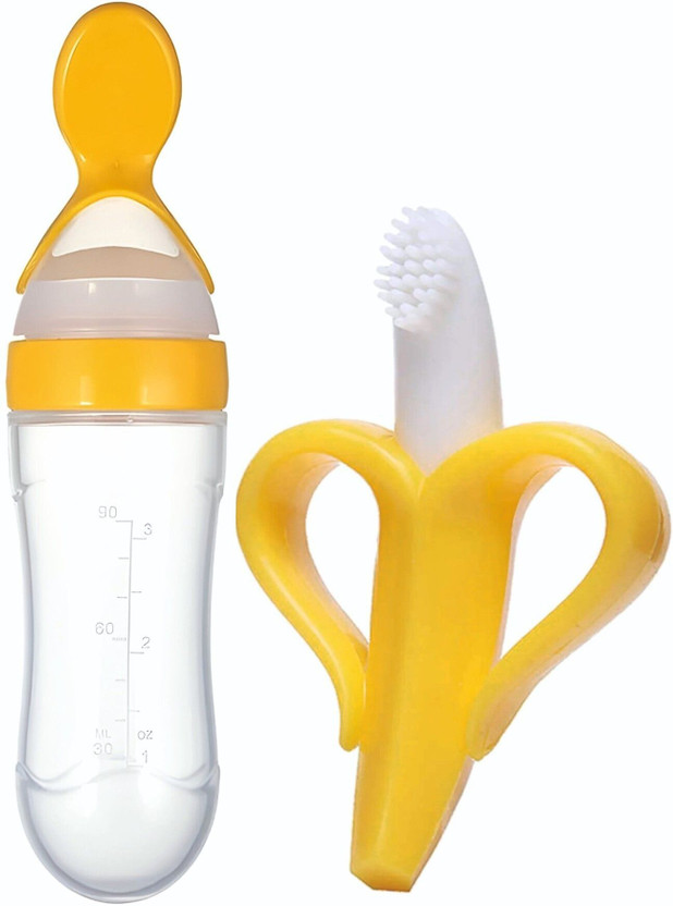 Roforuf Newborn Baby Banana Teether & Baby Spoon Bottle Combo (pack-2)(Yellow)
