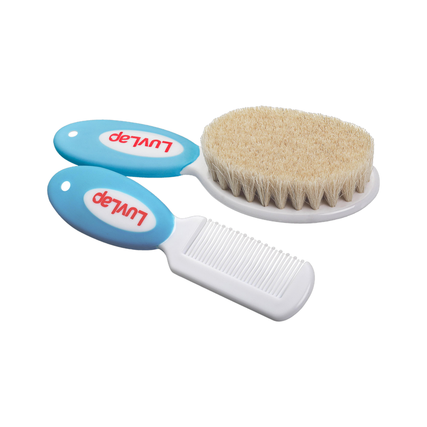 LuvLap Baby Comb with Rounded Tips & Hair Brush with Natural Bristles,(White & Blue)