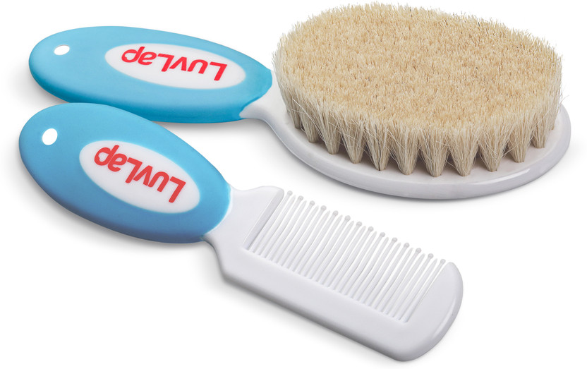 LuvLap Baby Comb with Rounded Tips & Hair Brush with Natural Bristles,(White & Blue)