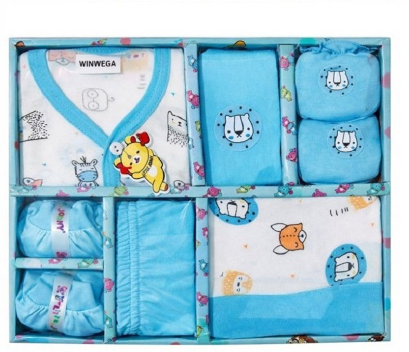 Winwega Newborn Baby 0 to 3 Month Gift Set 6 Pic Breathable Cotton Fabric(Blue, White)