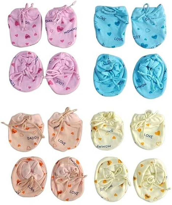 Bigbought NEW BORN BABY Mitten Booties Set (Combo of 8 Pairs / 4 Sets) (Age 0-6 Months)(4 MULTICOLOR)