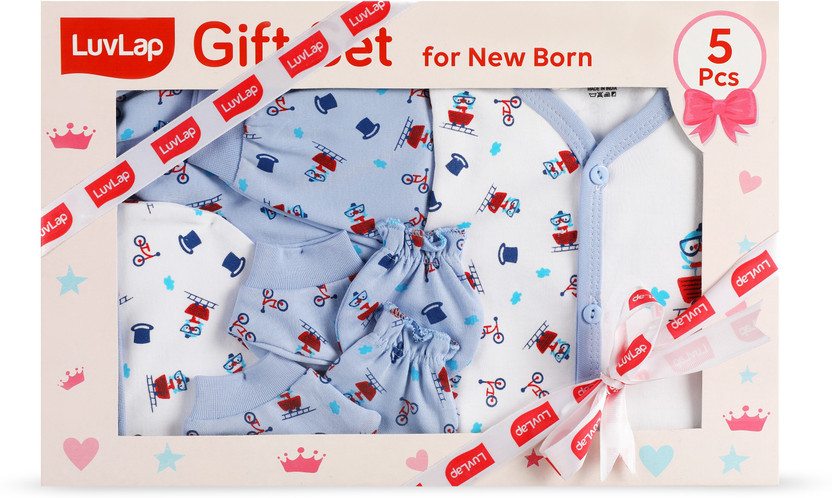LuvLap Newborn Baby Gift Set of 5 Items, Clothes Set 0-3 Months, Boat Hat Print(White & Blue)