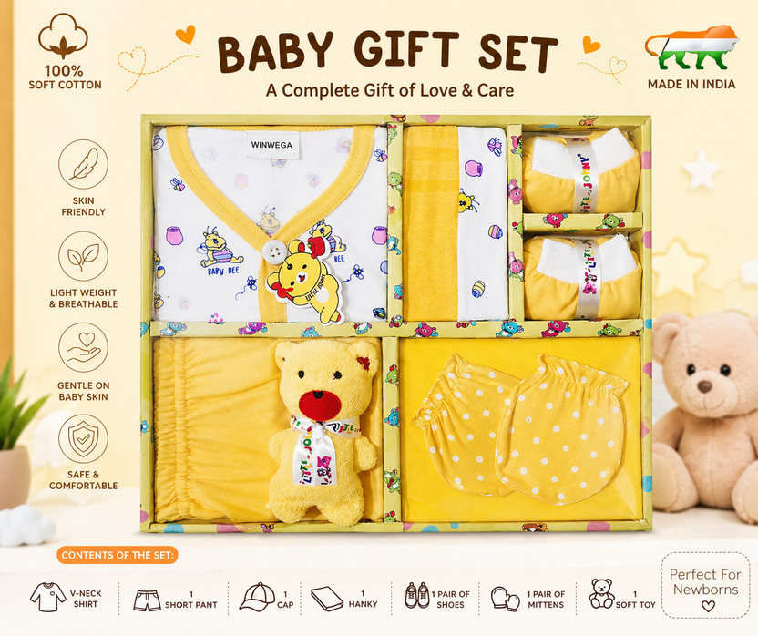 Winwega NewBorn Baby 0 to 3 Month Gift set 7 Pic(Yellow)