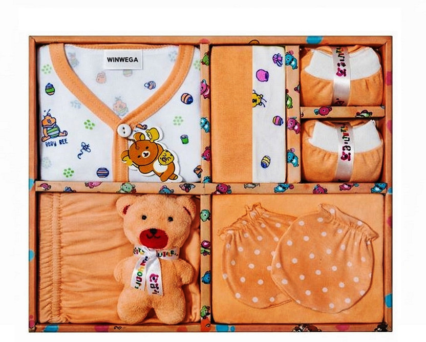 Winwega Newborn Baby 0 to 3 Month Gift Set 7 Pic Breathable Cotton Fabric(Orange, White)