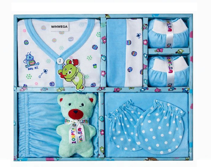Winwega Newborn Baby 0 to 3 Month Gift Set 7 Pic Breathable Cotton Fabric(Blue, White)