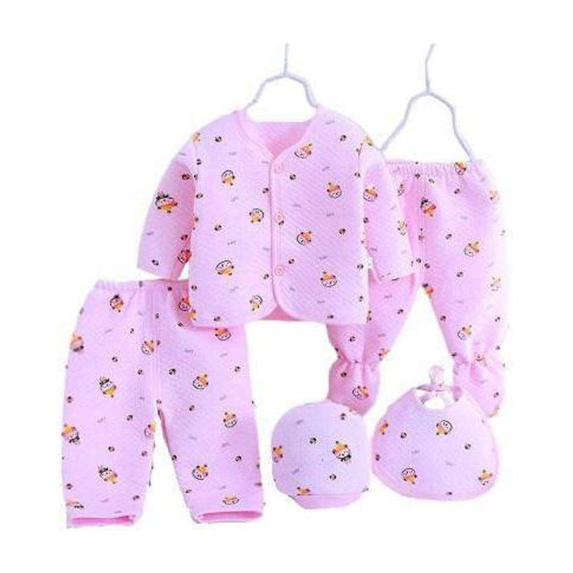 Honey Boo Presents New Born Baby Winter Wear Keep warm Cartoon Printing Baby Clothes 5Pcs Sets Cotton Baby Boys Girls Unisex Baby Fleece / Falalen Suit Infant Clothes First Gift For New Baby.Pink (Pink)(Pink)