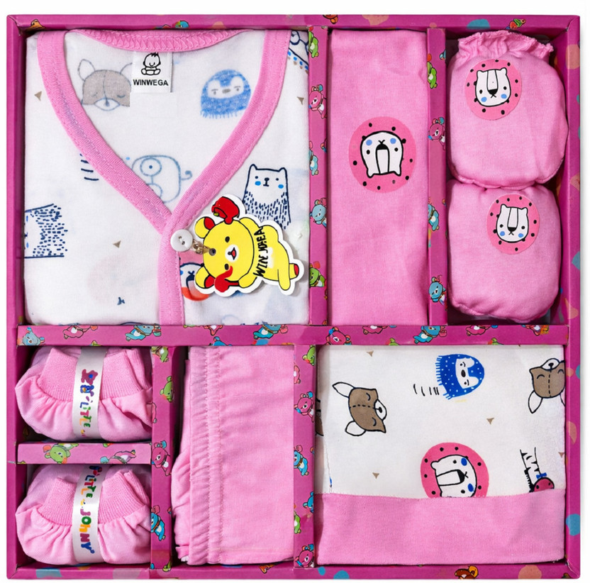 Winwega Newborn Baby 0 to 3 Month Gift Set 6 Pic Breathable Cotton Fabric(Pink, White)