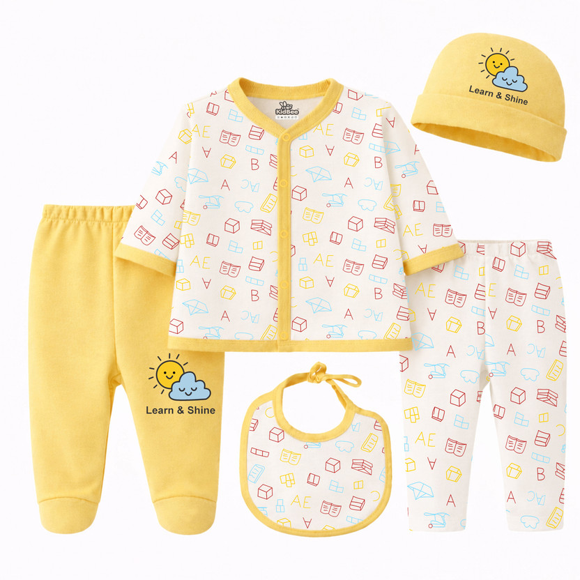 KidBee Newborn Babies Essentials Clothing Gift Set (Pack of 5) (0-6 Months)(Yellow)