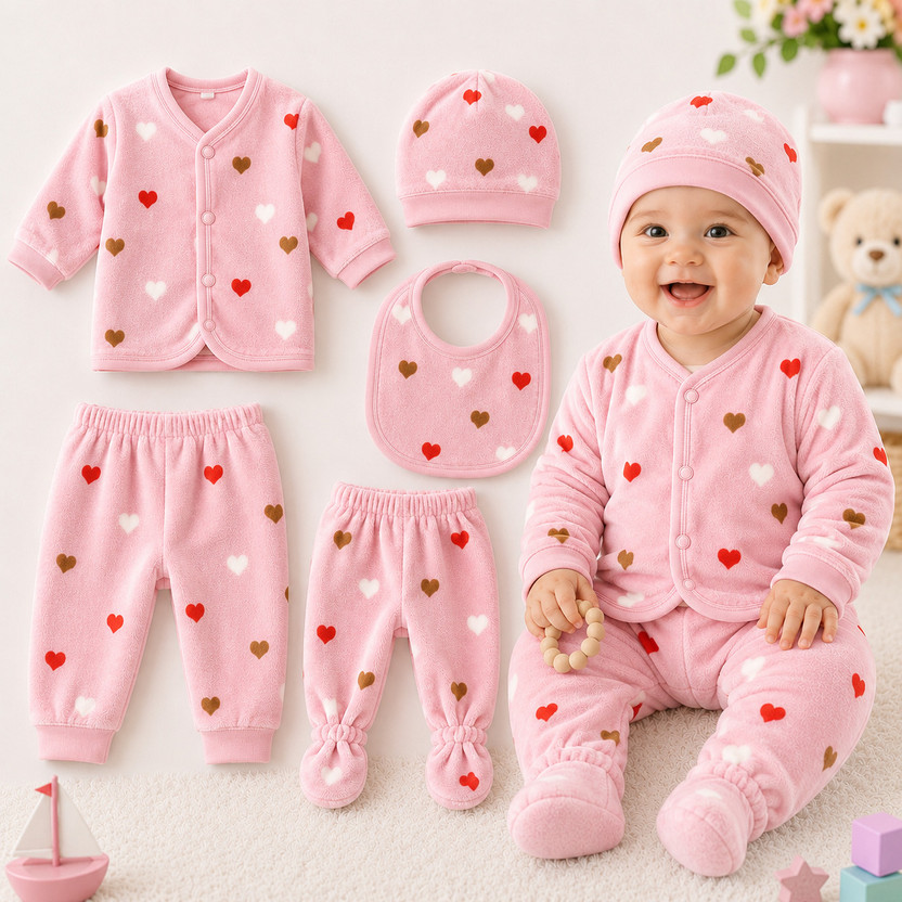 Vidhun 5 Piece Newborn Baby Dress Set Soft Velvet Winter Wear for Babies(Pink)
