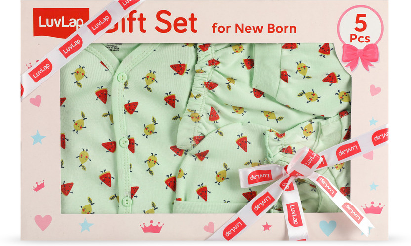 LuvLap Newborn Baby Gift Set of 5 Items, Clothes Set 0-3 Months, Fruits Print,(White & Green)