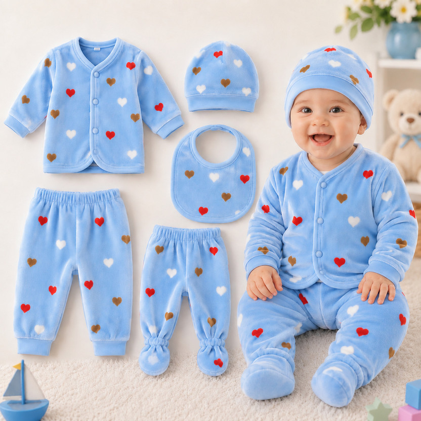 Vidhun Newborn Baby Dress Set with Bib Cap Top & Bottom Combo(Blue)