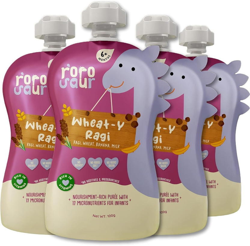 Rorosaur Ready to Eat Baby Food - Ragi, Wheat with Ghee, Banana & Skimmed Milk Porridge, Cereal(400 g, Pack of 4, 6+ Months)