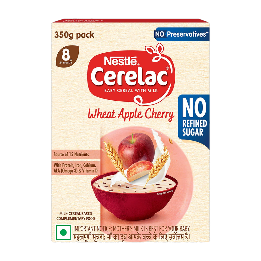 Nestle Cerelac Wheat Apple Cherry Baby Food Cereal with No Refined Sugar & No Preservatives Cereal(350 g, 8+ Months)