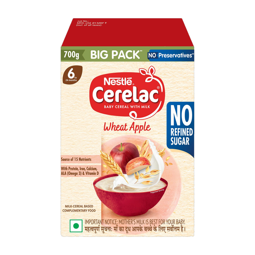Nestle Cerelac Wheat Apple Baby Food Cereal, No Refined Sugar, for 6-24 Months Baby, Big Pack Cereal(720 g, 6+ Months)