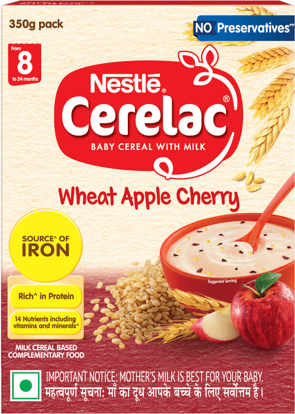 Nestle Cerelac Wheat Apple Cherry Baby Food Cereal with No Refined Sugar & No Preservatives Cereal(350 g, 8+ Months)
